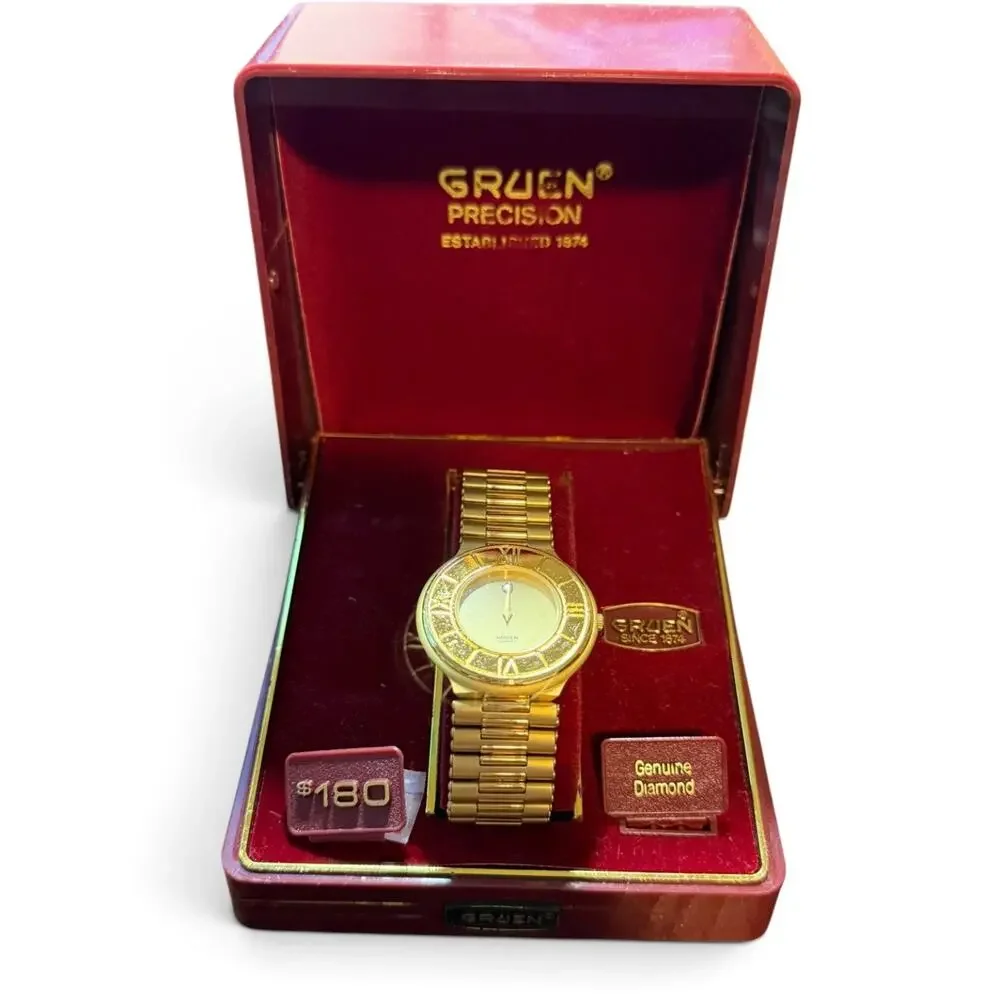 Vintage Gruen Precision Quartz Gold Tone Watch with Genuine Diamond & Box